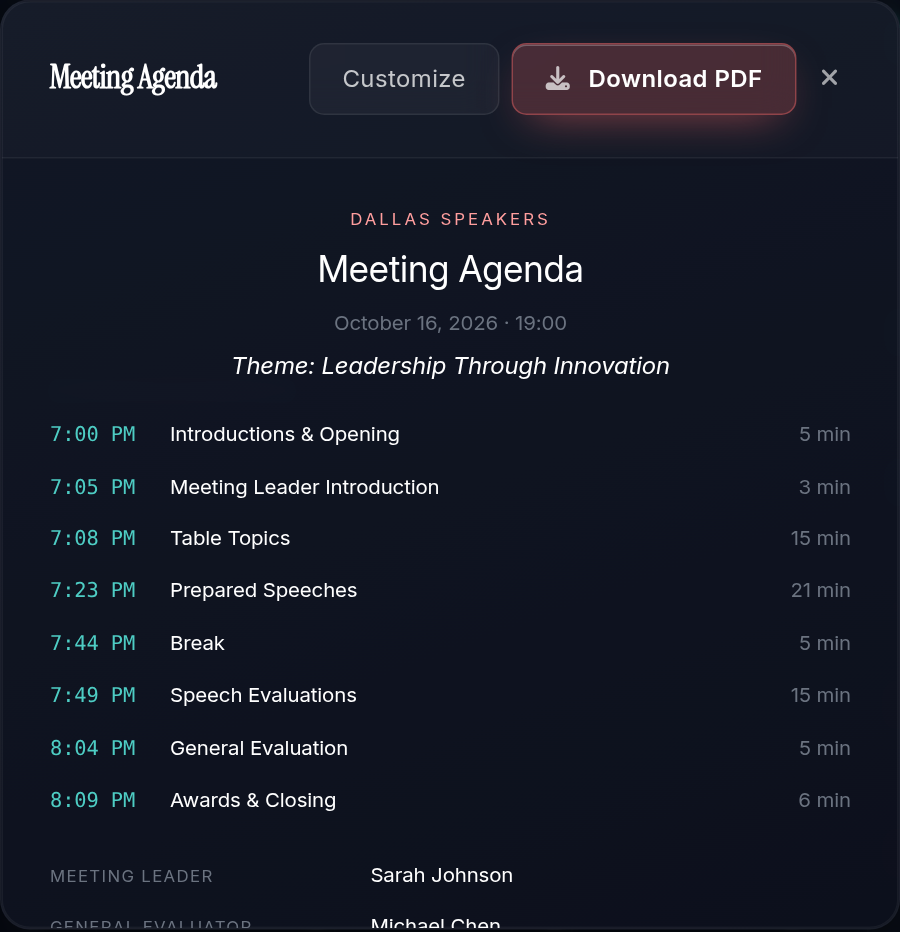 Meeting agenda with timed segments and role holders, ready to download as a PDF