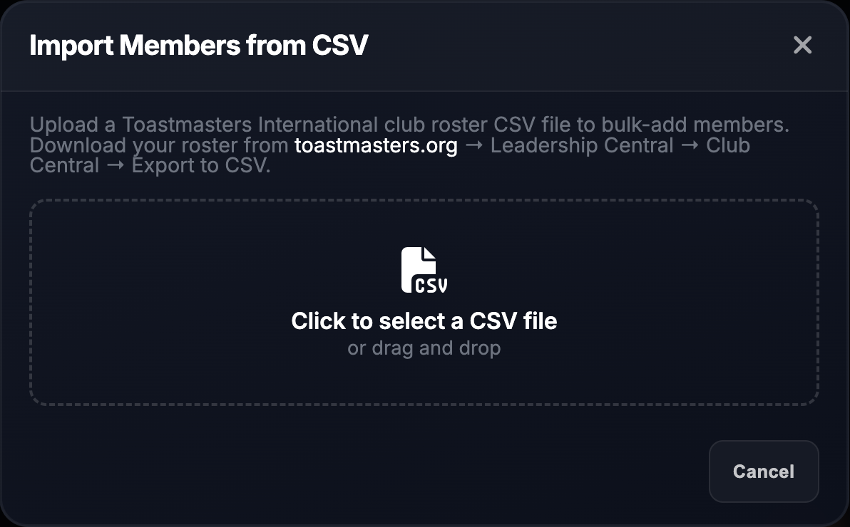 Toastmanagers CSV roster import modal