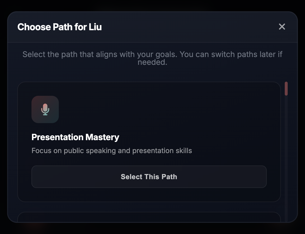 Toastmanagers Pathways selection modal
